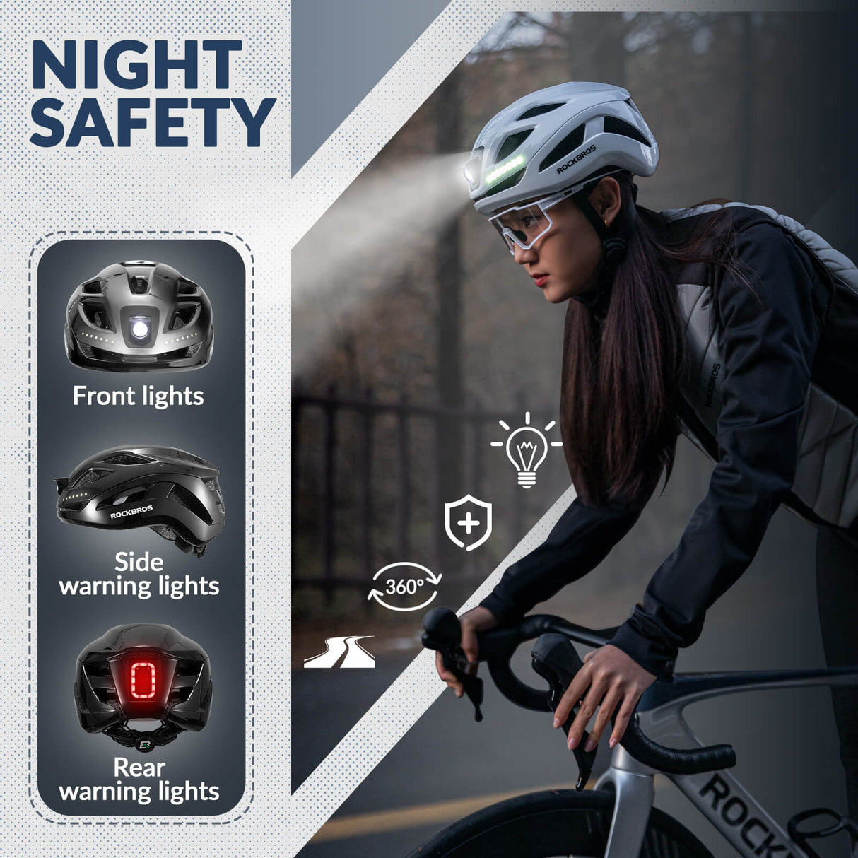 ROCKBROS USB-C Rechargeable Cycling Safety Helmet with Integrated Warning Lights