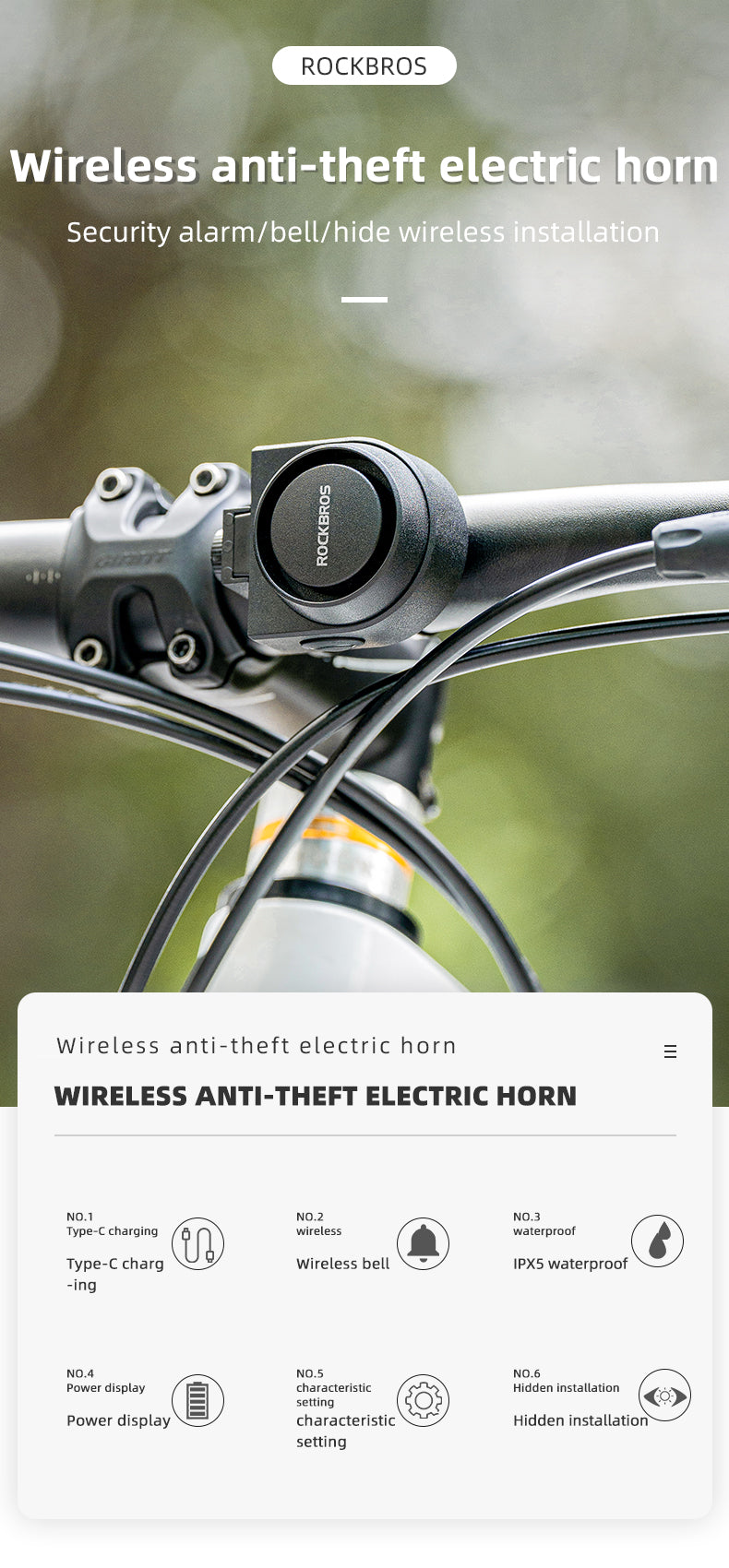 ROCKBROS 115dB Wireless Bike Alarm with Remote Vibration Anti‑Theft