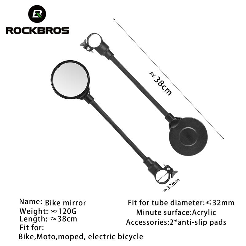 ROCKBROS Flexible Bicycle Handlebar Rearview Mirror - Adjustable 360° Wide Angle Safety Convex Mirror