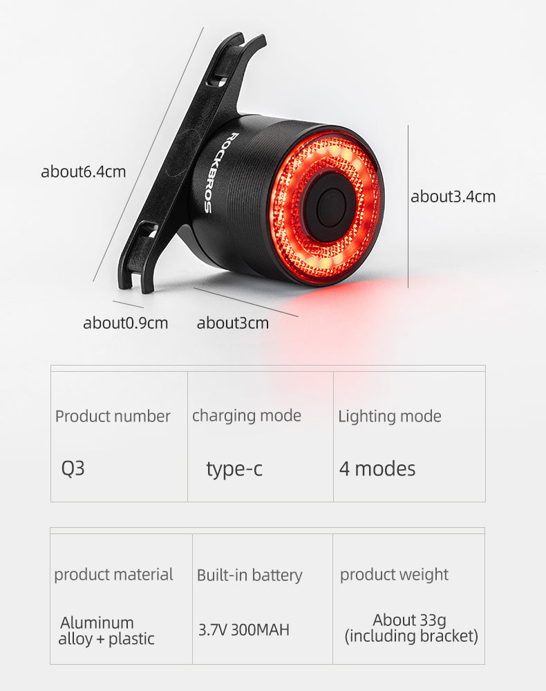 ROCKBROS Q3 Smart Bike Brake Tail Light, USB Rechargeable LED Rear Lamp