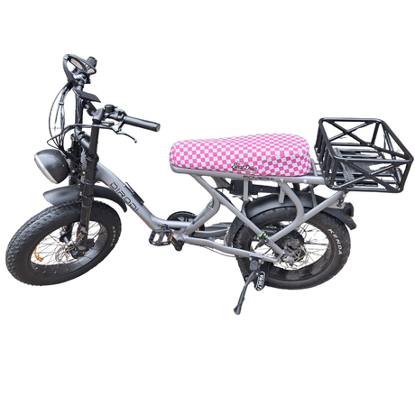 Vibrant Bubblegum Checkered E-Bike Seat Cover: DiroDi, Stator, Fatboy, Ampd Bros