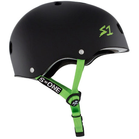 S-One Lifer Certified Multi-Impact Skate Helmet - Matte Black with Green Straps