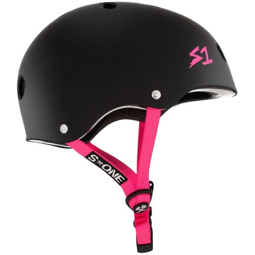 Durable S-One Lifer Skate Helmet: Certified Multi-Impact Protection, Black Matte Pink Straps