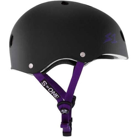 Premium S-One Lifer Skate Helmet: Matte Black, Purple Straps, Multi-Impact Certified