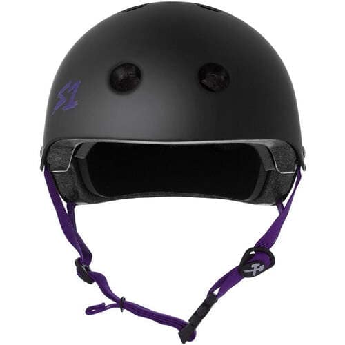 Premium S-One Lifer Skate Helmet: Matte Black, Purple Straps, Multi-Impact Certified