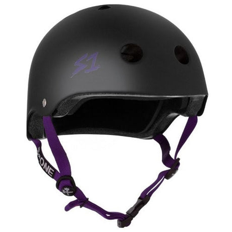 Premium S-One Lifer Skate Helmet: Matte Black, Purple Straps, Multi-Impact Certified