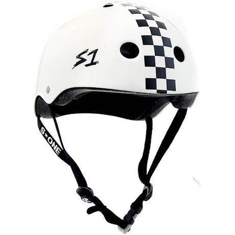 S-One Mega Lifer Helmet White Gloss Black Checkers Multi-Impact Certified Protection